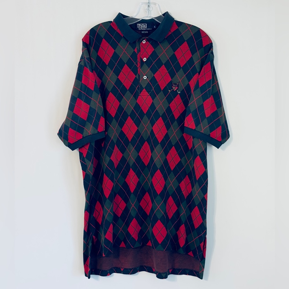 Classic Vintage Ralph‎ Lauren Red and Green Argyle Polo Shirt USA Large